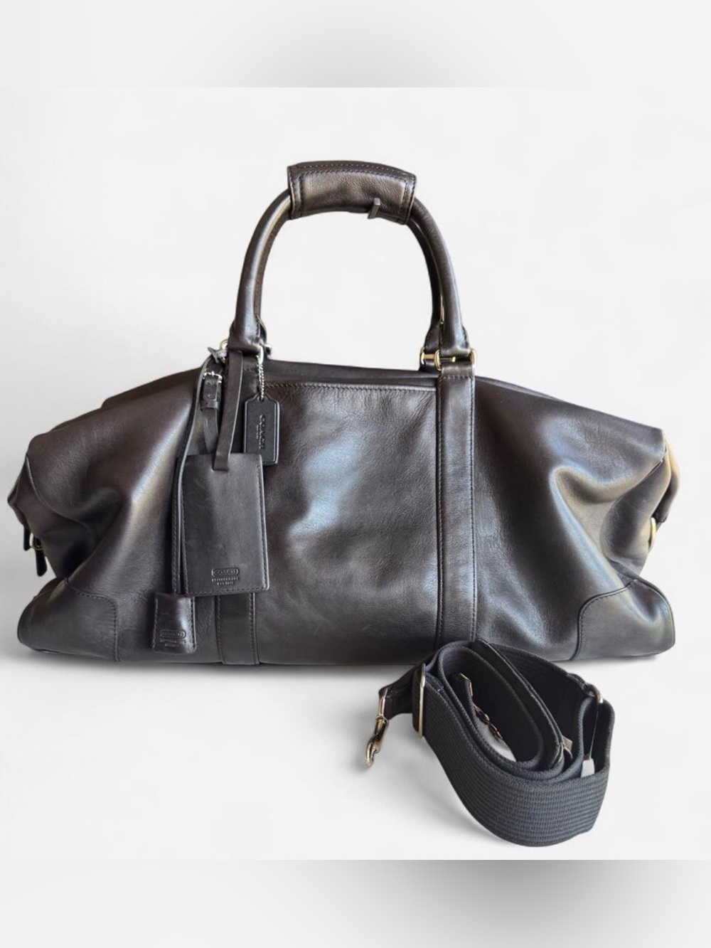Vintage Coach Dark Brown Leather Duffle Travel Overnight Bag Silver Hardware